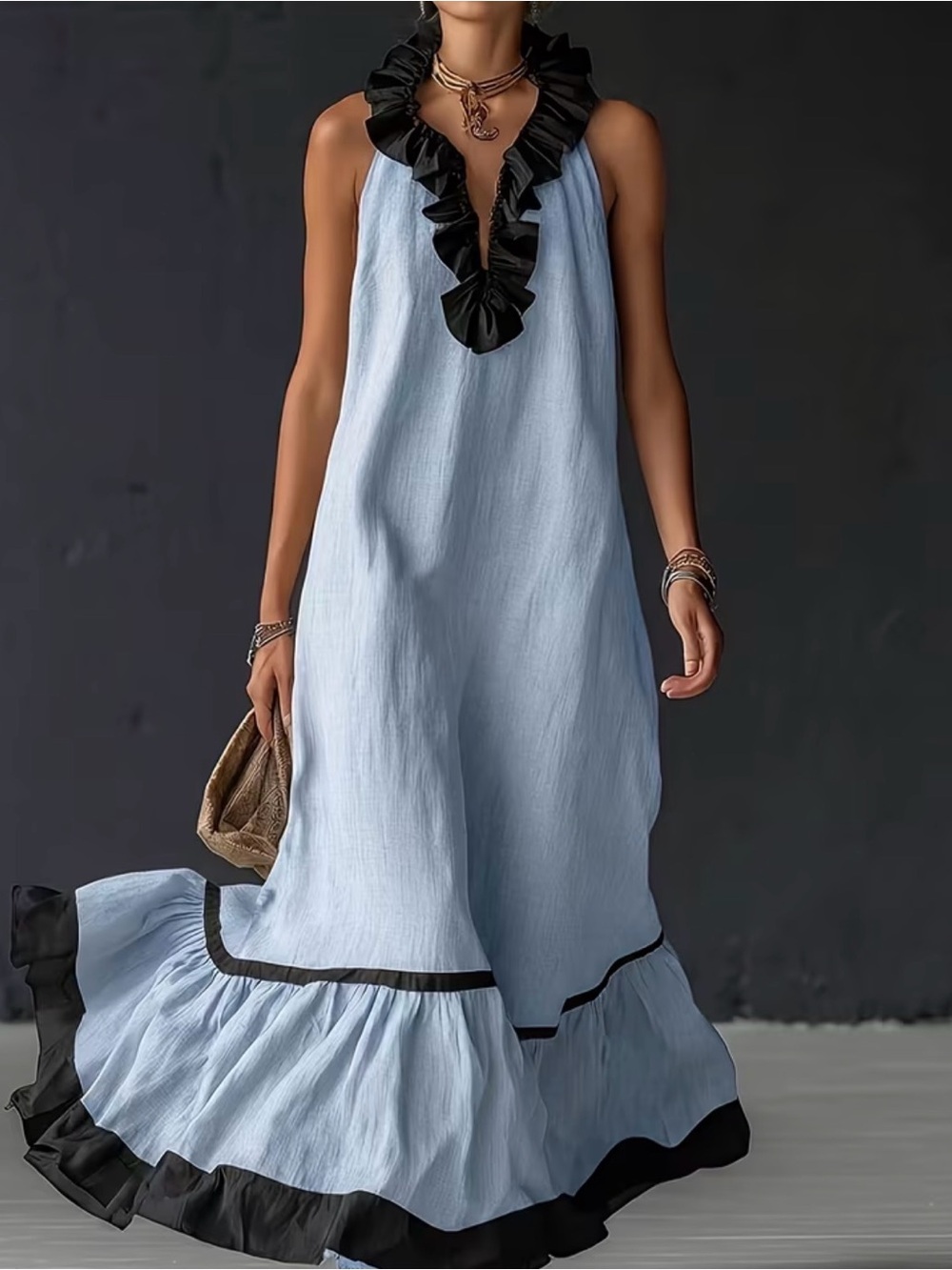 Light Blue Ruffle-Hem Halter Dress with Black Trim
